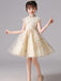 Flower Girl Dresses Champagne Designed Neckline Short Sleeves Bows Knee-Length Kids Party Dresses