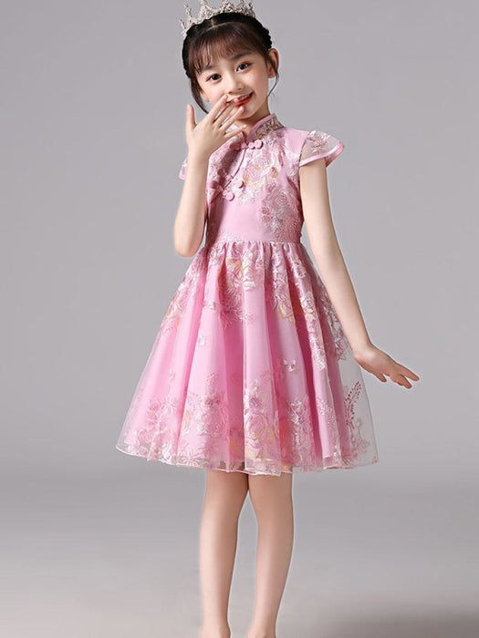 Flower Girl Dresses Champagne Designed Neckline Short Sleeves Bows Knee-Length Kids Party Dresses