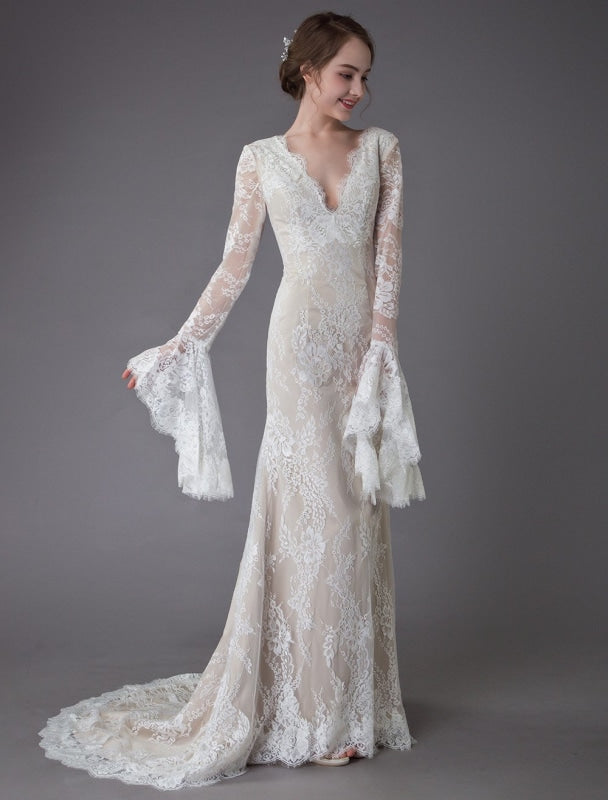 Champagne Wedding Dresses Lace V Neck Long Sleeve Sheath Boho