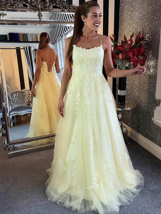 Charming Backless Yellow Lace Long Prom Dresses, Yellow Lace Formal Dresses, Yellow Evening Dresses