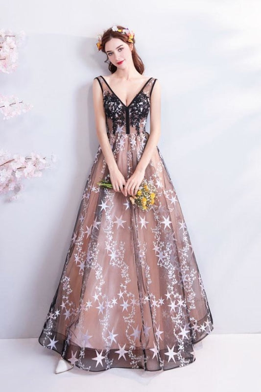 Charming Floor Length Sleeveless Prom with Stars A Line Appliques Evening Dress - Prom Dresses