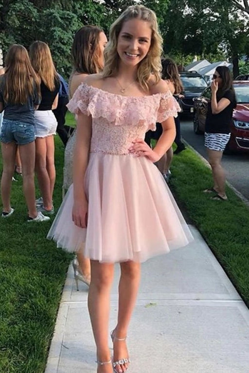 Charming Off Shoulder Lace Top A-line Tulle Homecoming Short Graduation Dress - Prom Dresses