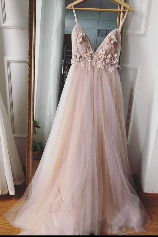 Charming Spaghetti Straps Deep V Neck Tulle Prom with Flowers A Line Party Dress - Prom Dresses