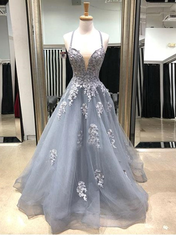 Charming V Neck Gray Lace Long Prom Dresses, Grey Lace Formal Evening Dresses