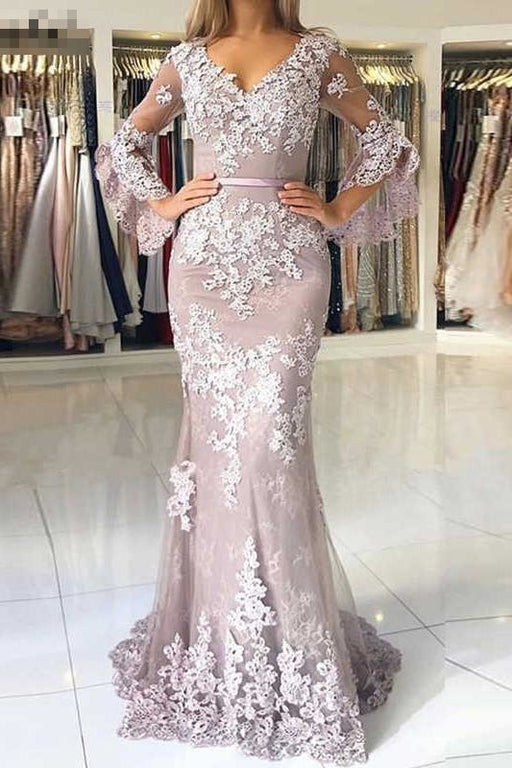 Charming V Neck Long Prom Mermaid Lace Appliqued Evening Dress with Sleeves - Prom Dresses