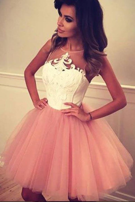 Cheap A Line Sheer Neckline Tulle Short Prom with Appliques Cute Homecoming Dress - Prom Dresses