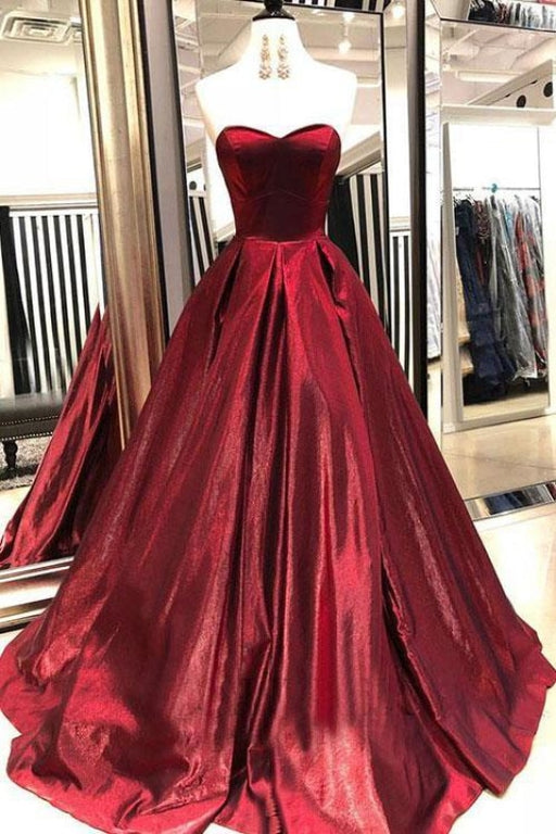 Cheap Burgundy Sweetheart Long Prom Simple Puffy Formal Dress - Prom Dresses