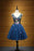 Cheap Dark Blue V Neck Tulle Short Homecoming Dress with Appliques - Prom Dresses