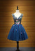 Cheap Dark Blue V Neck Tulle Short Homecoming Dress with Appliques - Prom Dresses