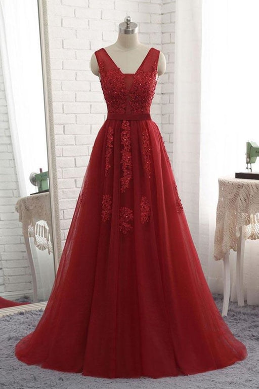 Cheap Floor Length Burgundy V Neck Evening Appliqued Long Tulle Prom Dress - Prom Dresses