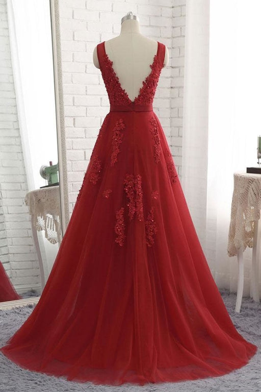 Cheap Floor Length Burgundy V Neck Evening Appliqued Long Tulle Prom Dress - Prom Dresses