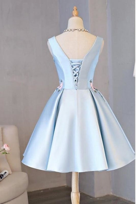 Cheap Light Blue Sleeveless Satin Short Prom with Appliques Homecoming Dress - Prom Dresses