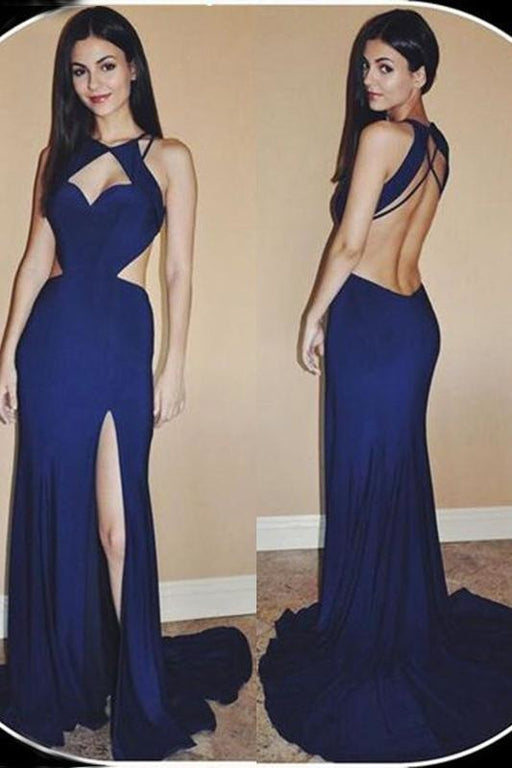 Cheap Mermaid Jewel Sweep Train Open Back Long Prom Dress with Side Slit - Prom Dresses