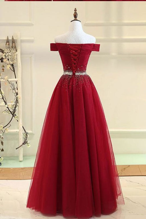 Cheap Off the Shoulder Tulle Long Prom with Rhinestones Burgundy Formal Dress - Prom Dresses