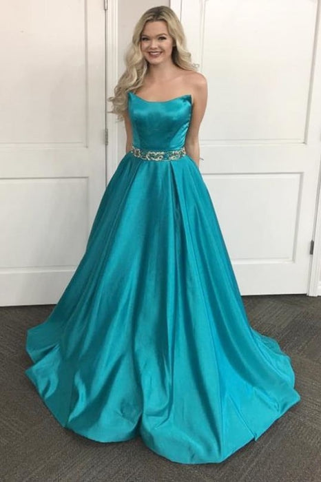 Cheap Turquoise Special A-line Strapless Long Prom Dress with Beads Sash - Prom Dresses