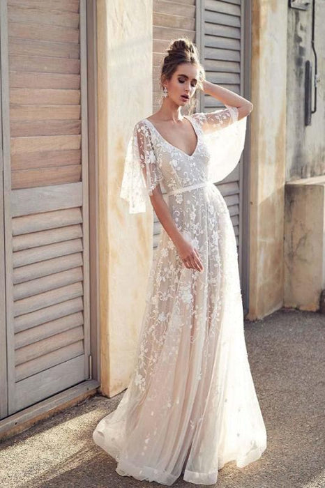 Cheap V Neck Half Sleeve Lace Boho Wedding Dresses - wedding dresses