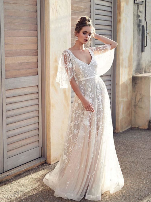 Beach Boho Wedding Dress With Vintage French Lace Open Criss Cross