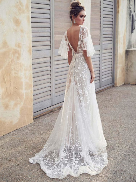 Cheap Beach Boho Lace Wedding Dress With Sleeves - Bridelily