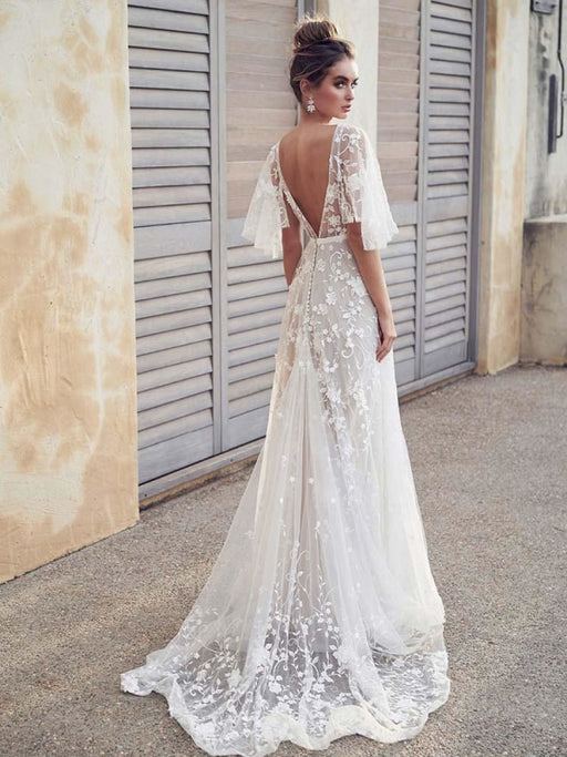 A-Line V-neck Lace Wedding Dress Casual Sexy Bohemian Adorable