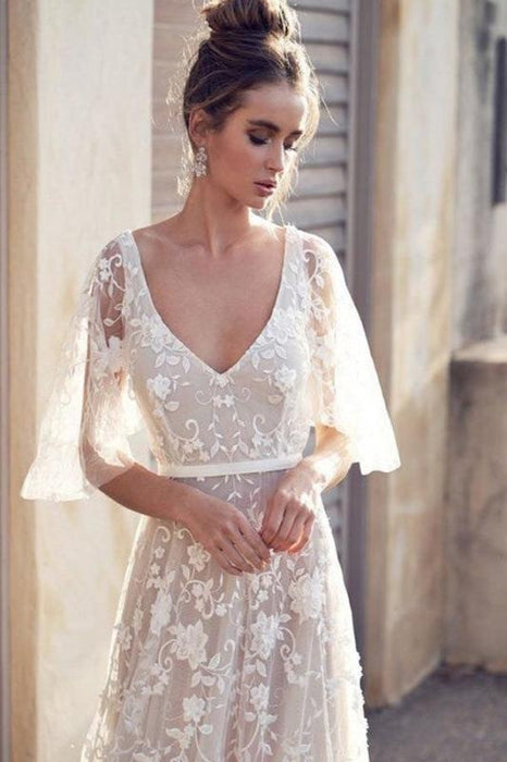 Cheap V Neck Half Sleeve Lace Boho Wedding Dresses - wedding dresses