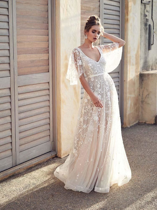 A-Line V-neck Lace Wedding Dress Casual Sexy Bohemian Adorable