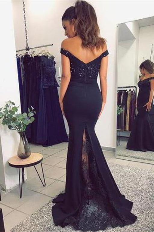 Chic Affordable Graceful Navy Blue Off The Shoulder Mermaid Stretch Evening Dresses with Lace Beads - Prom Dresses