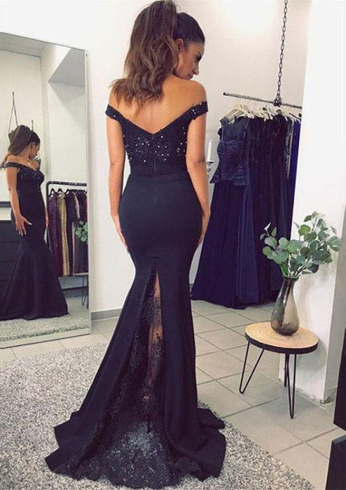 Chic Affordable Graceful Navy Blue Off The Shoulder Mermaid Stretch Evening Dresses with Lace Beads - Prom Dresses