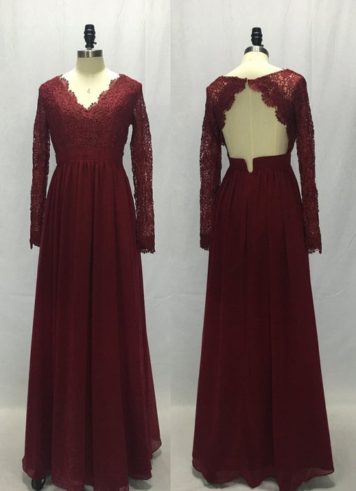 Chic Best Attractive Burgundy Sleeve V-neck Backless Lace Top Chiffon Long Bridesmaid Prom Dress - Prom Dresses