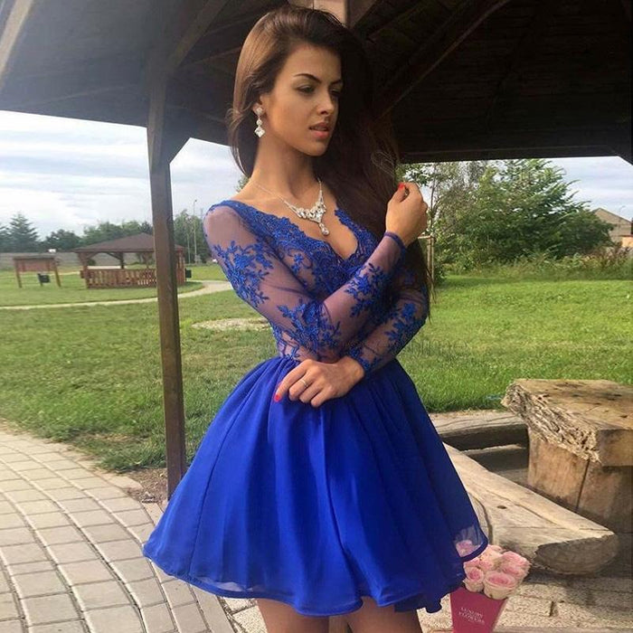 Chic Excellent Elegant A-Line V-Neck Long Sleeves Chiffon Lace Homecoming Royal Blue Party Dress - Prom Dresses