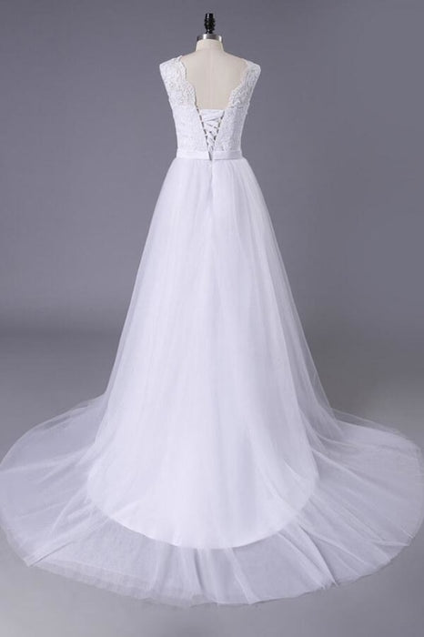 Chic Illusion Lace Tulle White Boho Beach Wedding Dress - Bridelily