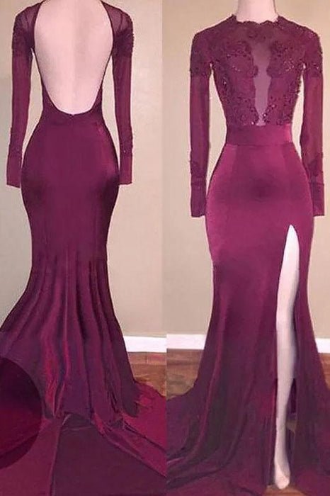 Chic Mermaid Sleeves Applique Backless Prom Long Split Evening Dresses - Prom Dresses