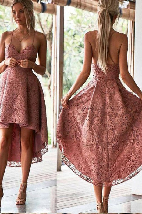 Chic Pink High-Low Dress Spaghetti Straps Lace Homecoming Gown - Prom Dresses