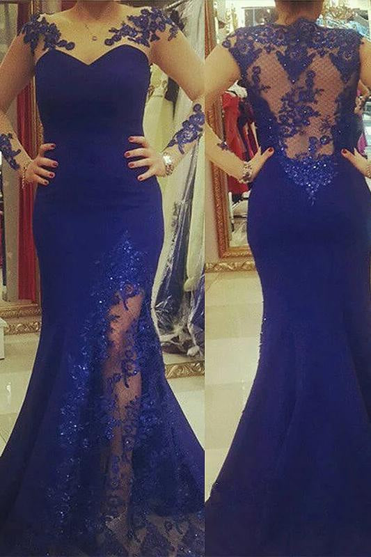 Chic Royal Blue Mermaid Prom Sheer Sleeves Plus Size Dress - Prom Dresses