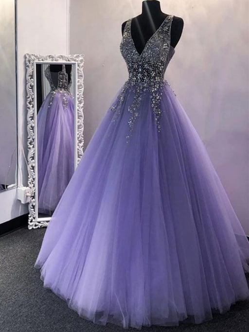 Chic V Neck Sequins Purple Tulle Long Prom Dresses, V Neck Lilac Formal Evening Dresses, Purple Ball Gown