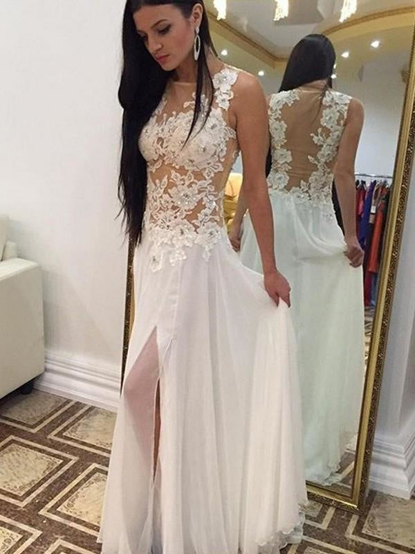 Chiffon Scoop Sleeveless A-line Floor-Length With Applique Dresses - Prom Dresses