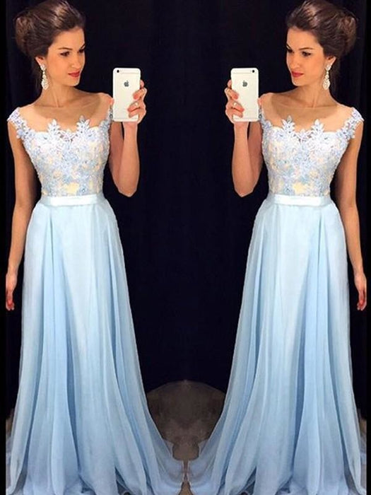 Chiffon Sheer Neck Sleeveless Sweep/Brush Train With Applique Dresses - Prom Dresses