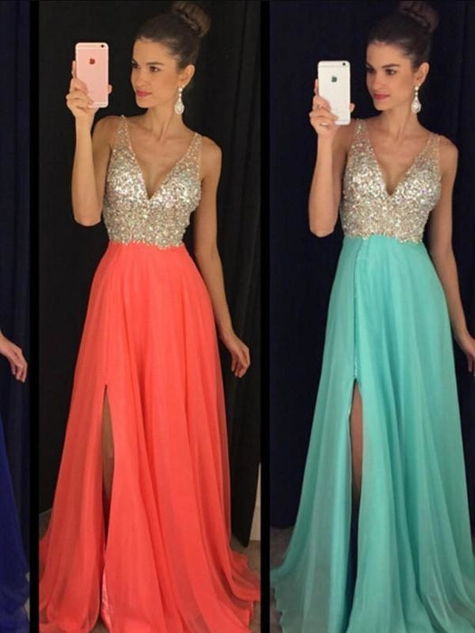 Chiffon V-Neck Sleeveless A-line Floor-Length With Beading Dresses - Prom Dresses