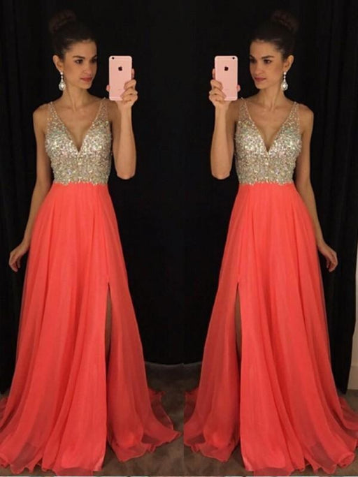 Chiffon V-Neck Sleeveless A-line Floor-Length With Beading Dresses - Prom Dresses