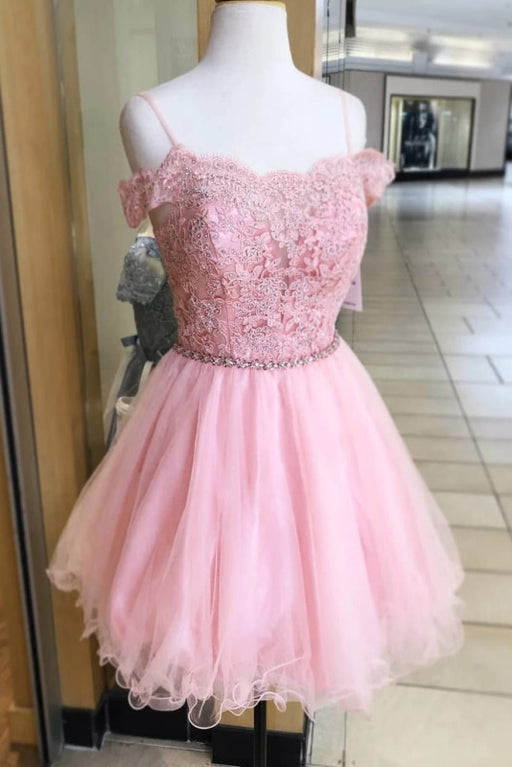 Cold Shoulder Pink Homeocming Crystals Cute Tulle Graduation Dress with Lace - Prom Dresses