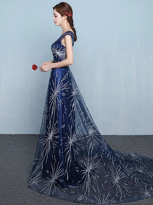 Constellation Dress Dark Navy Evening Dress 2021 Sexy A Line Scoop Neck Sequin Star Tulle Formal Party Dresses With Train