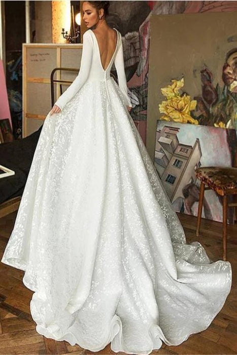 Long Sleeve V-neck Boho Bridal Gowns Satin Backless Lace Wedding Dress