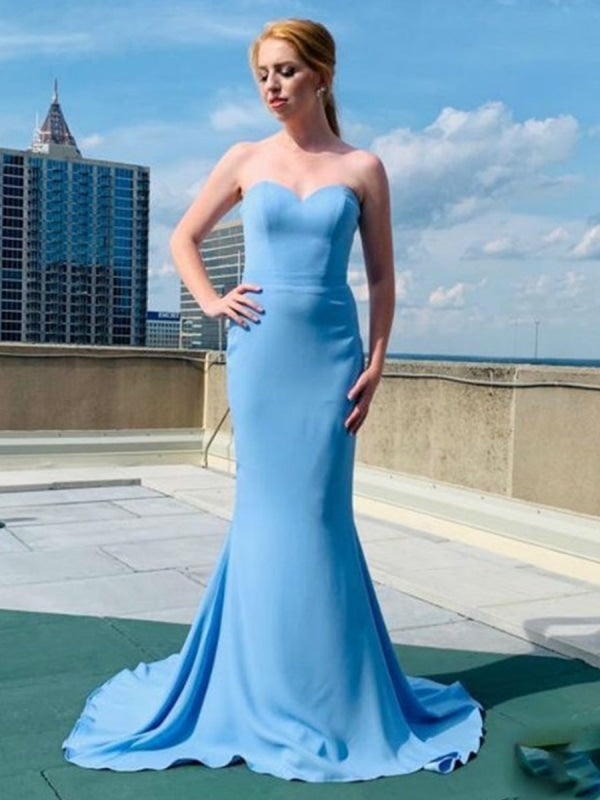 Custom Made A Line Strapless Mermaid Light Blue Long Prom Dresses, Mermaid Light Blue Formal Dresses, Light Blue Evening Dresses