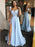 Custom Made Cap Sleeves Light Blue Prom Dresses with Side Slit, Light Blue Long Evening Dresses, Light Blue Formal Dresses