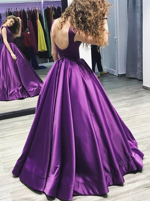 Custom Made Purple Scoop Neck Backless Satin Long Ball Gown Prom Dresses, Pueple Backless Evening Dresses