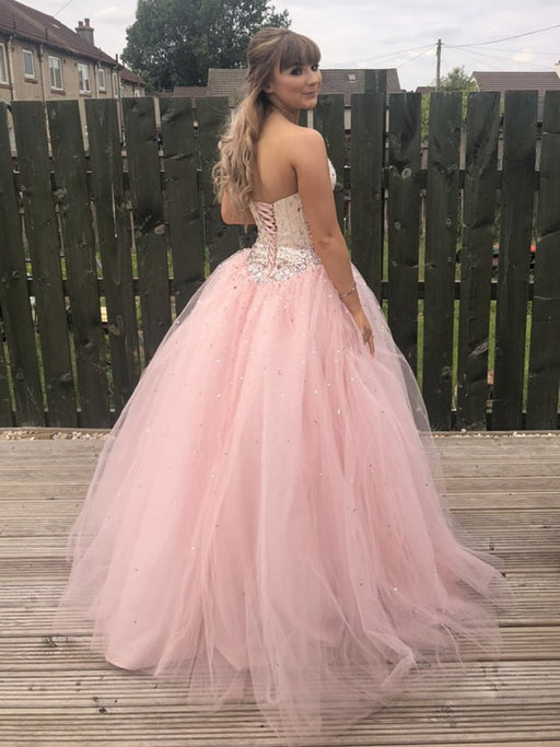 Custom Made Sweetheart Neck Backless Tulle Pink Long Prom Dresses with Beadings, Pink Ball Gown, Pink Formal Dresses