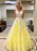 Custom Made V Neck White Lace Appliques Yellow Long Prom Dresses, Yellow Lace Formal Graduation Evening Dresses