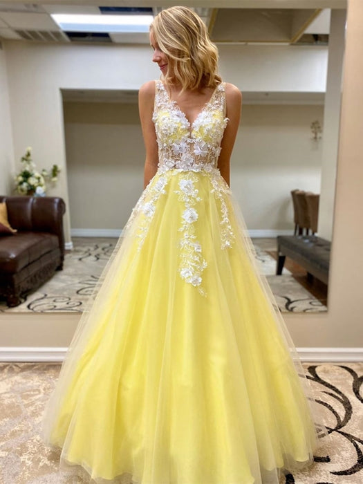 Custom Made V Neck White Lace Appliques Yellow Long Prom Dresses, Yellow Lace Formal Graduation Evening Dresses