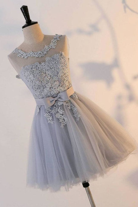 Cute A Line Appliqued Homecoming with Bowknot Cheap Tulle Short Prom Dress - Prom Dresses