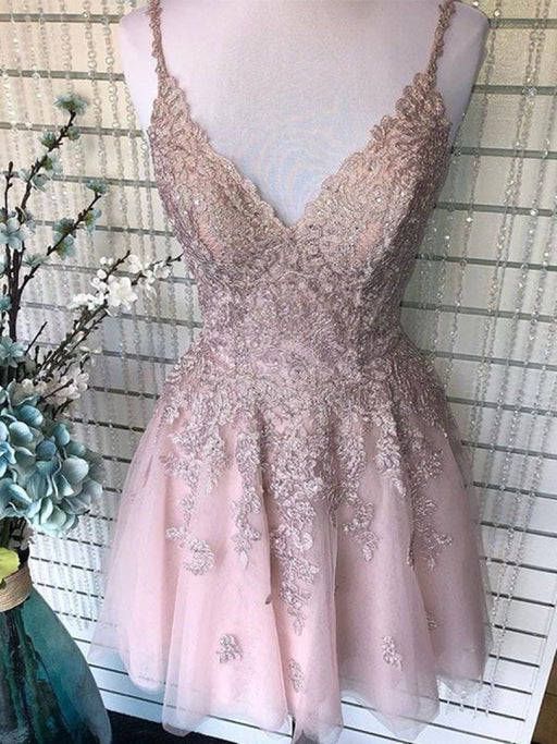 Cute A Line V Neck Backless Short Pink Lace Prom Dresses, Backless Pink Lace Formal Graduation Homecoming Dresses