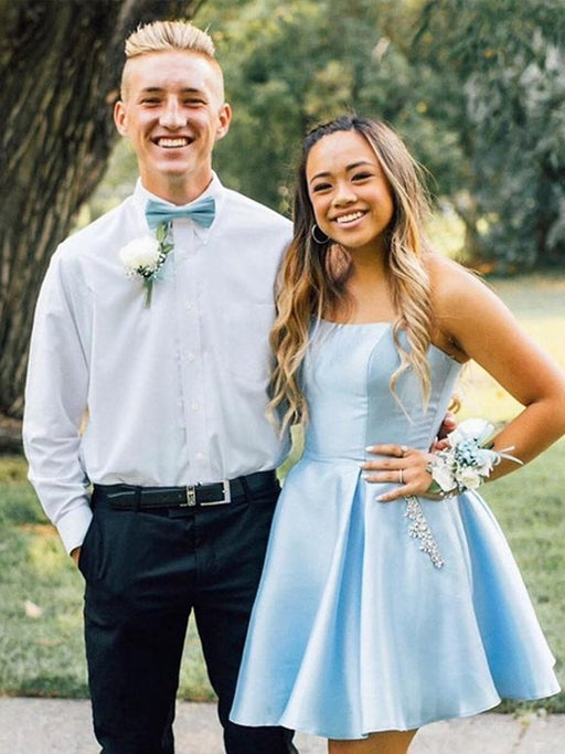 Cute Blue Satin Short Prom Homecoming Dresses with Pocket, Short Blue Formal Graduation Evening Dresses 